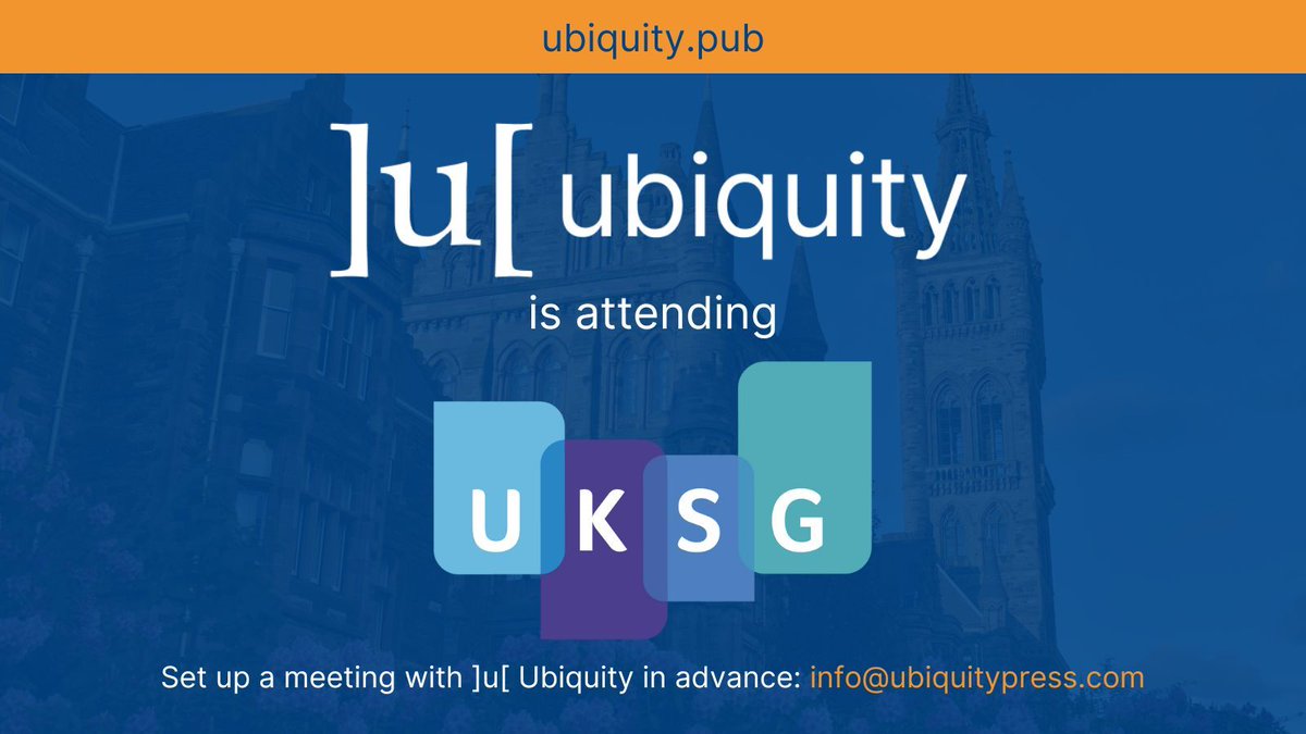 This time next week, we'll be in Glasgow, Scotland for #UKSG2024. If you are also attending, and would like to arrange a time to meet, get in touch via info@ubiquitypress.com #academicpublishing #scholarlycommunication