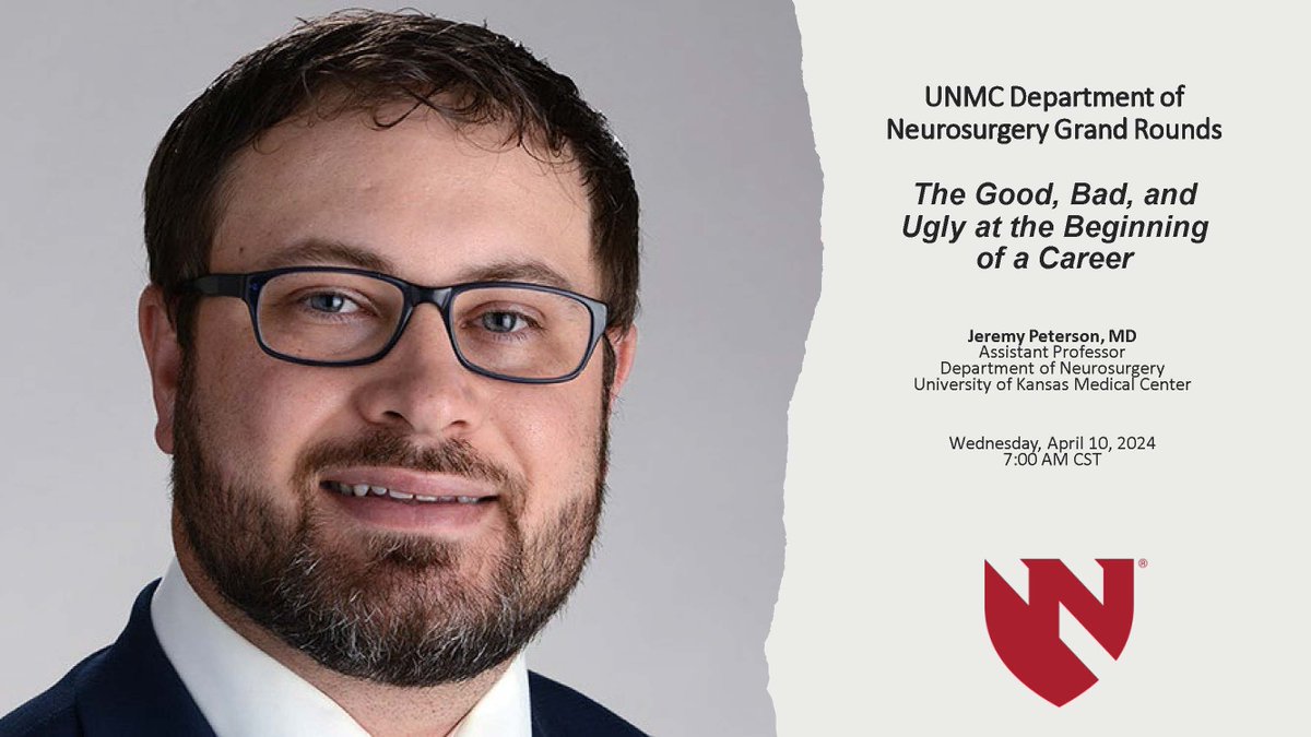 Please join us next Wednesday, April 10th at 7AM CST as we welcome former @UNMCCOM grad, Dr. Jeremy Peterson who will be presenting at our #Neurosurgery Grand Rounds. Mark your calendar & join us! Email kdevney@unmc.edu for a link to attend! @UNMC @NebraskaMed @KU_Neurosurgery