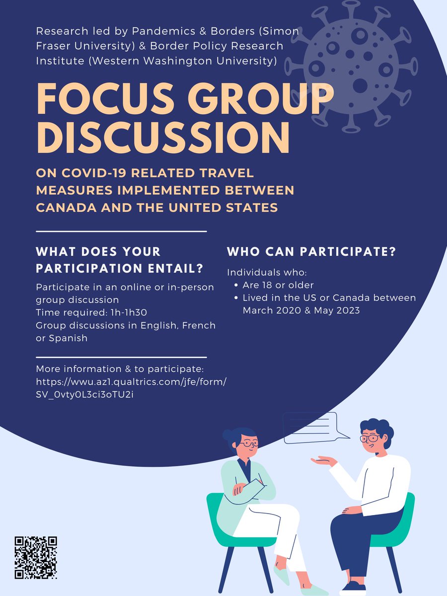 Residents of Abbotsford & Vancouver, have you traveled between Canada & the US between March 2020 & May 2023? @pandemics_brdrs & @BPRI_WWU are conducting a study to inform future decision-making. Share your experiences during focus group discussions! wwu.az1.qualtrics.com/jfe/form/SV_0v…