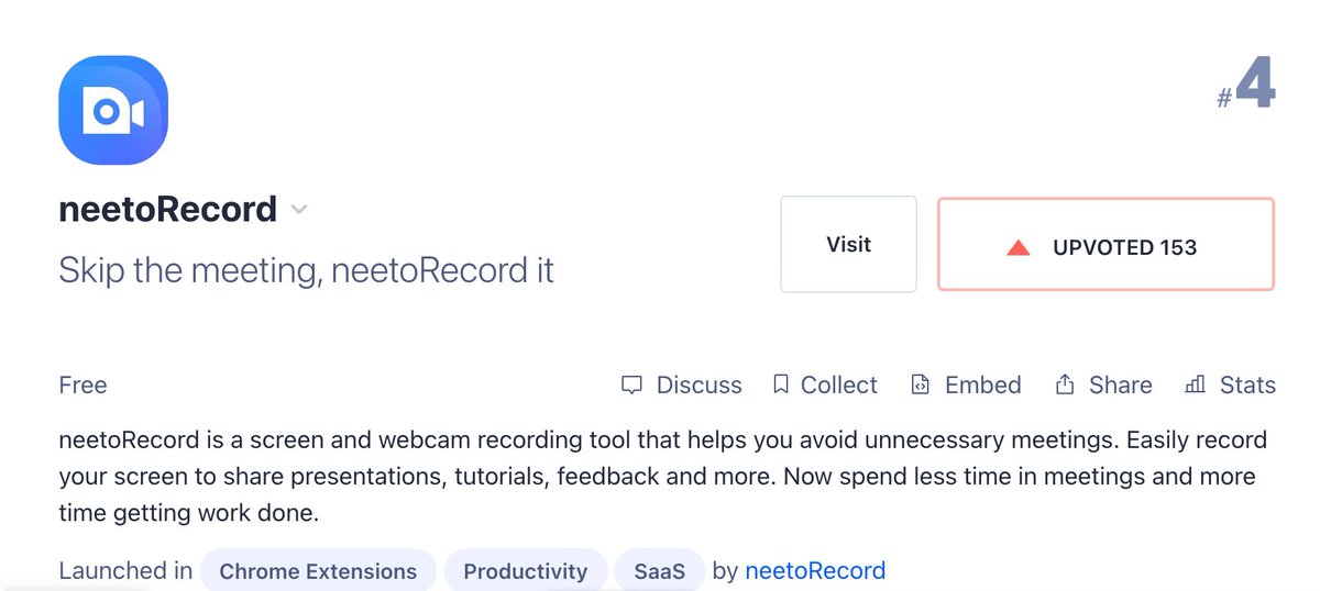 NeetoRecord's tweet image. We are now at #4 on #ProductHunt. Thanks for everyone's support.
Check out now: producthunt.com/posts/neetorec…
#saas #screenrecorder #loom #productlaunch #support #buildinpublic #loomalternative #growth