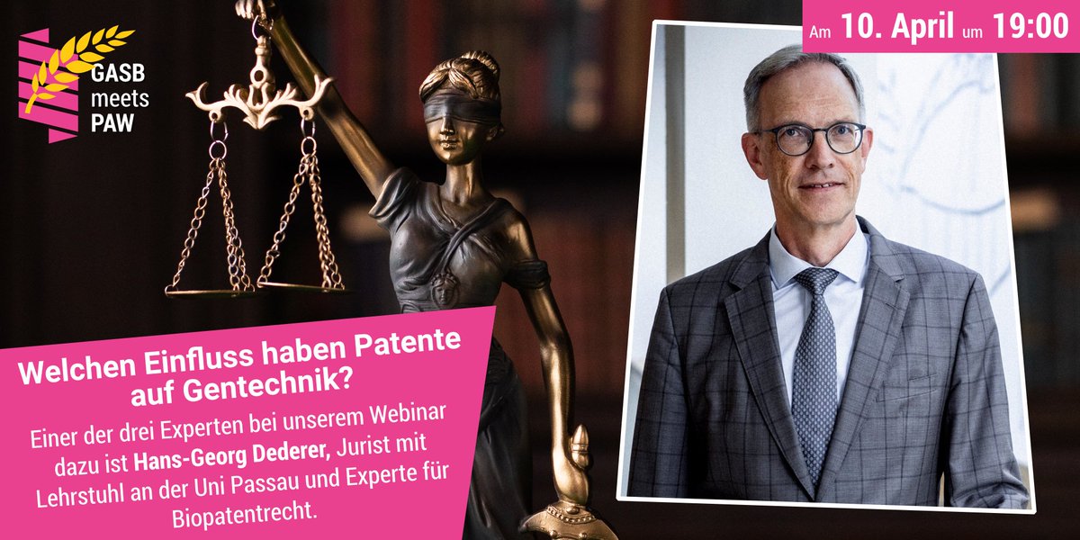 Progressive Agrarwende (@progagrarwende) on Twitter photo Wie können neue Pflanzensorten, ihre Eigenschaften und deren genetische Grundlagen geschützt werden? Wie funktionieren Sortenschutz, Züchterprivileg und Patente? Wir haben für unser Webinar am 10. April Hans-Georg Dederer <a href="/UniPassau/">Universität Passau</a> eingeladen, um mehr zu erfahren.
#GASBmeetsPAW Wie können neue Pflanzensorten, ihre Eigenschaften und deren genetische Grundlagen geschützt werden? Wie funktionieren Sortenschutz, Züchterprivileg und Patente? Wir haben für unser Webinar am 10. April Hans-Georg Dederer <a href="/UniPassau/">Universität Passau</a> eingeladen, um mehr zu erfahren.
#GASBmeetsPAW