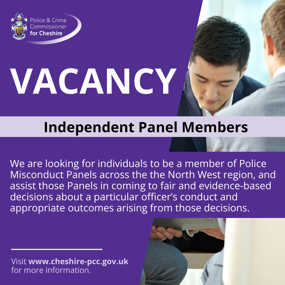 We are looking for individuals to become a member of Police Misconduct Panels across the North West Region and assist those Panels in coming to fair decisions and appropriate outcomes about an Officer's conduct. Closing date 10 April. More information ➡️ orlo.uk/wRJyc