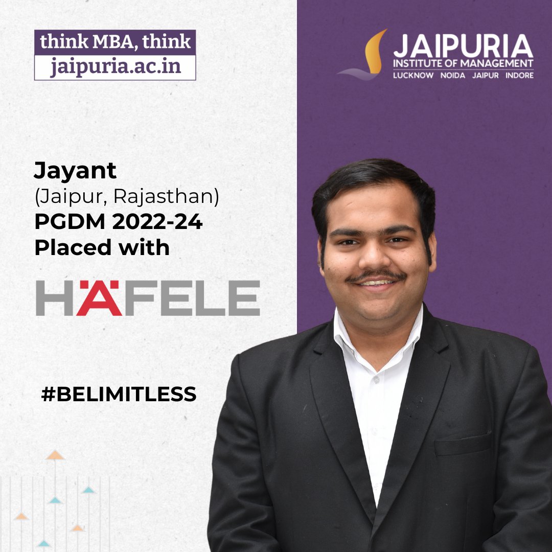 🎓 Jayant embraces opportunity at Hafele India, a testament to perseverance! 🌟 Start your journey of excellence at Jaipuria Institute of Management. Apply for PGDM 2024-26 at apply.jaipuria.ac.in. 🚀 #JaipuriaPlacements #PGDM2024 #ApplyNow