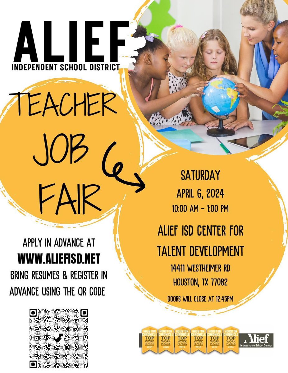 Save the date! The Alief ISD Teacher Job Fair is fast approaching. Get your resumes ready and come meet us on Saturday, April 6! See you there! 🕘 10 am - 1 pm 📅 April 6 📍 Alief ISD Center for Talent Development ➡️ aliefisd.net/o/aisd/page/ca…
