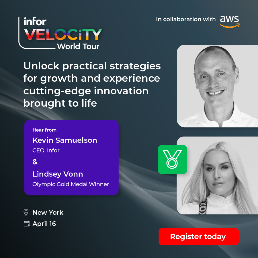Register now for the #InforVelocityWorldTour at The New-York Historical Society, NY - April 16th. A complimentary event designed to unlock your productivity gain! Hear from speakers like Olympic Gold Medalist Lindsey Vonn and Infor CEO Kevin Samuelson. bit.ly/3xmKFDa