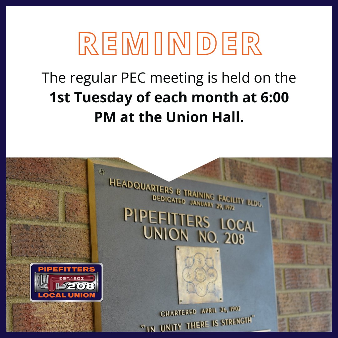 Join us for the Local 208 Political Education Committee (PEC) meeting! Legislative and political affairs impact our jobs and our future. Your voice matters—don't miss this opportunity to stay informed and engaged. Will you join us? See you there! #UALocal208 #AlwaysEssential