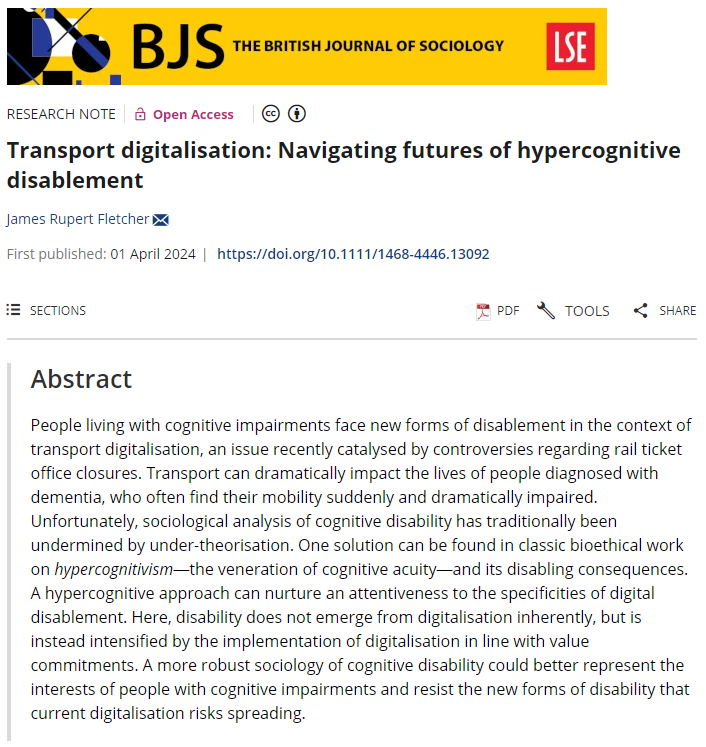 🤖🚂New @BJSociology🚂🤖 Following rail ticket office furore Reflects on transport digitalisation & passengers w cognitive impairments Shifts critique from digitalisation➡️political ideals driving digital disablement @MCRSociology @MUARG1 @morgancentre onlinelibrary.wiley.com/doi/full/10.11…