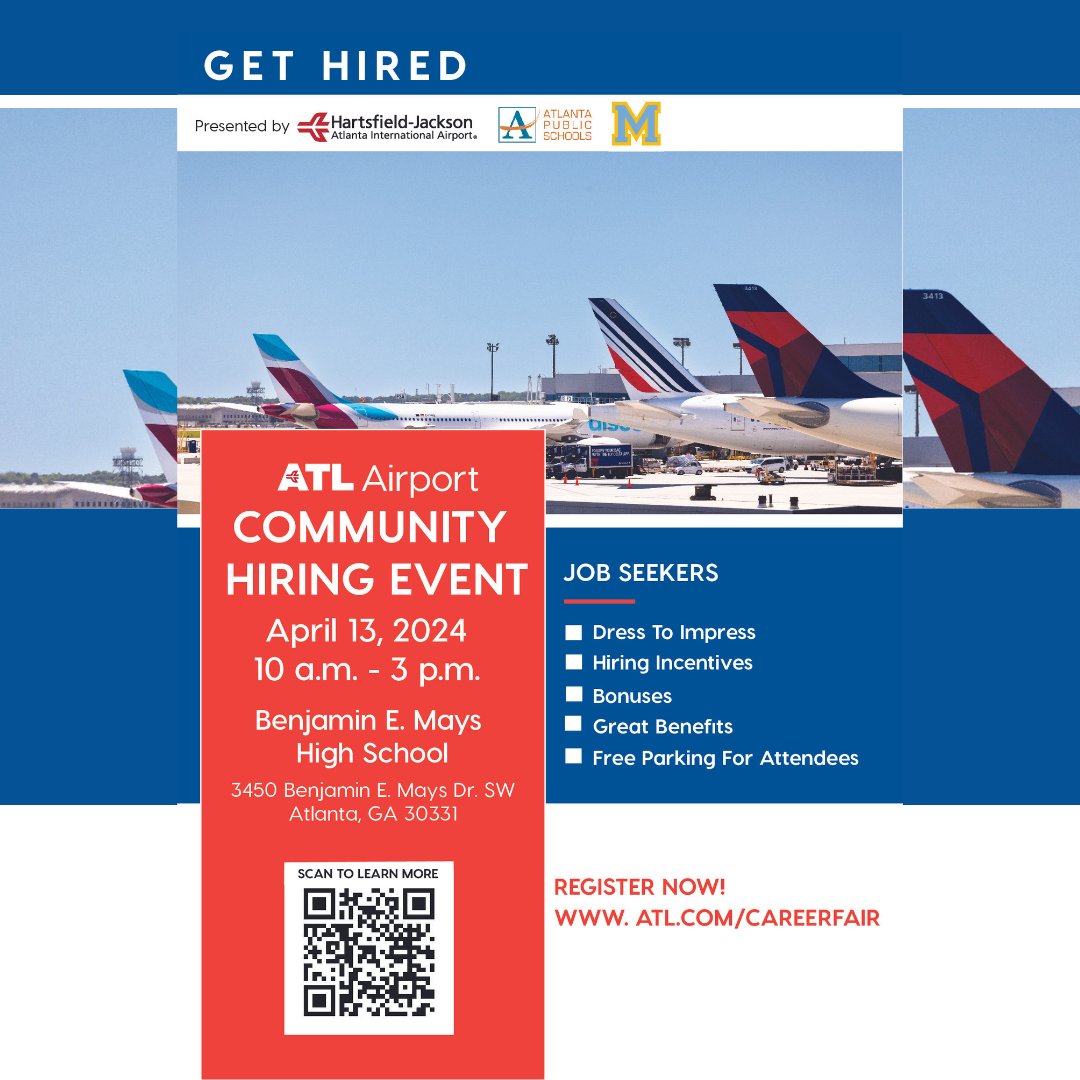 🛫✨ Ready for a career takeoff? Attend the Community Hiring Event at Mays High School on April 13th, 2024! Explore exciting airport job opportunities and connect with industry professionals. Don't miss your chance to soar in your career journey! Scan the QR Code to learn more!