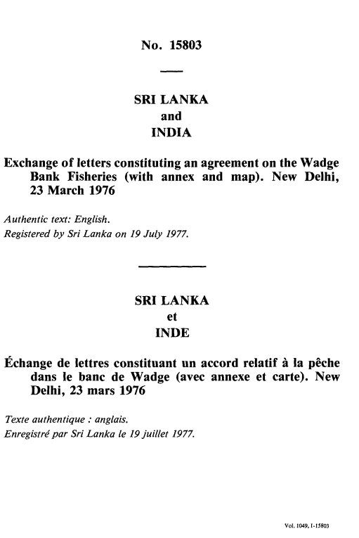 In exchange for 2 sq.km Katchatheevu, India secured 3000 sq.km Wadge Bank in Indian Ocean, from Sri Lanka. This is a copy of the bilateral treaty registered at the UN. #AntiNationalBJP should learn history. #KatchatheevuIssue