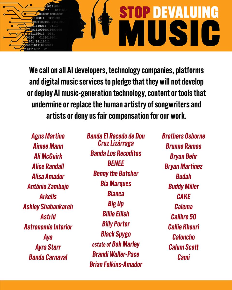 artistrightsnow's tweet image. 200+ artists call on tech companies to stop AI use that devalues music and infringes upon the rights of human artists. AI has enormous potential as a tool for human creativity – but when used irresponsibly, it poses an existential threat to our art. artistrightsnow.medium.com/200-artists-ur…
