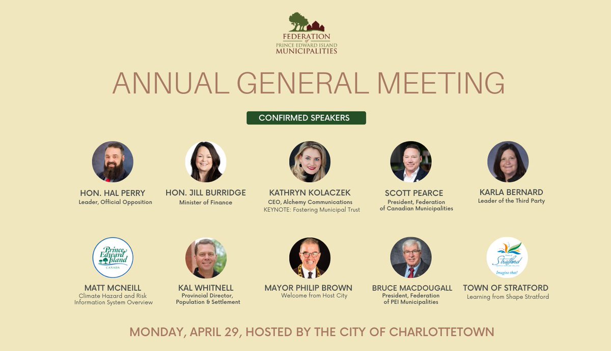 We're looking forward to learning from our AGM speakers! If you're a municipal leader, the AGM will give you the chance to discuss common issues, hear provincial and FCM updates, gain helpful information, and network. To register: fpeim.ca/annual-general… #PEImuni