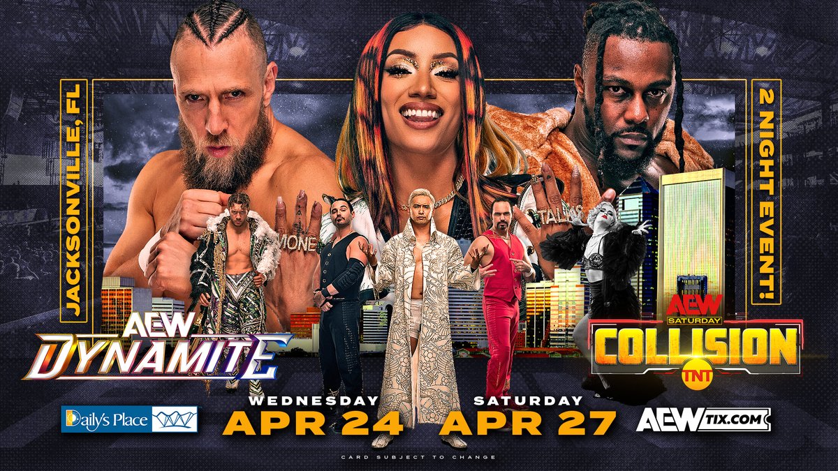 JACKSONVILLE, we're coming home again! #AEW returns to @dailysplace for #AEWDynamite on Wednesday, April 24th & #AEWCollision on Saturday, April 27th Tickets are ON SALE NOW! 🎟 AEWTIX.com