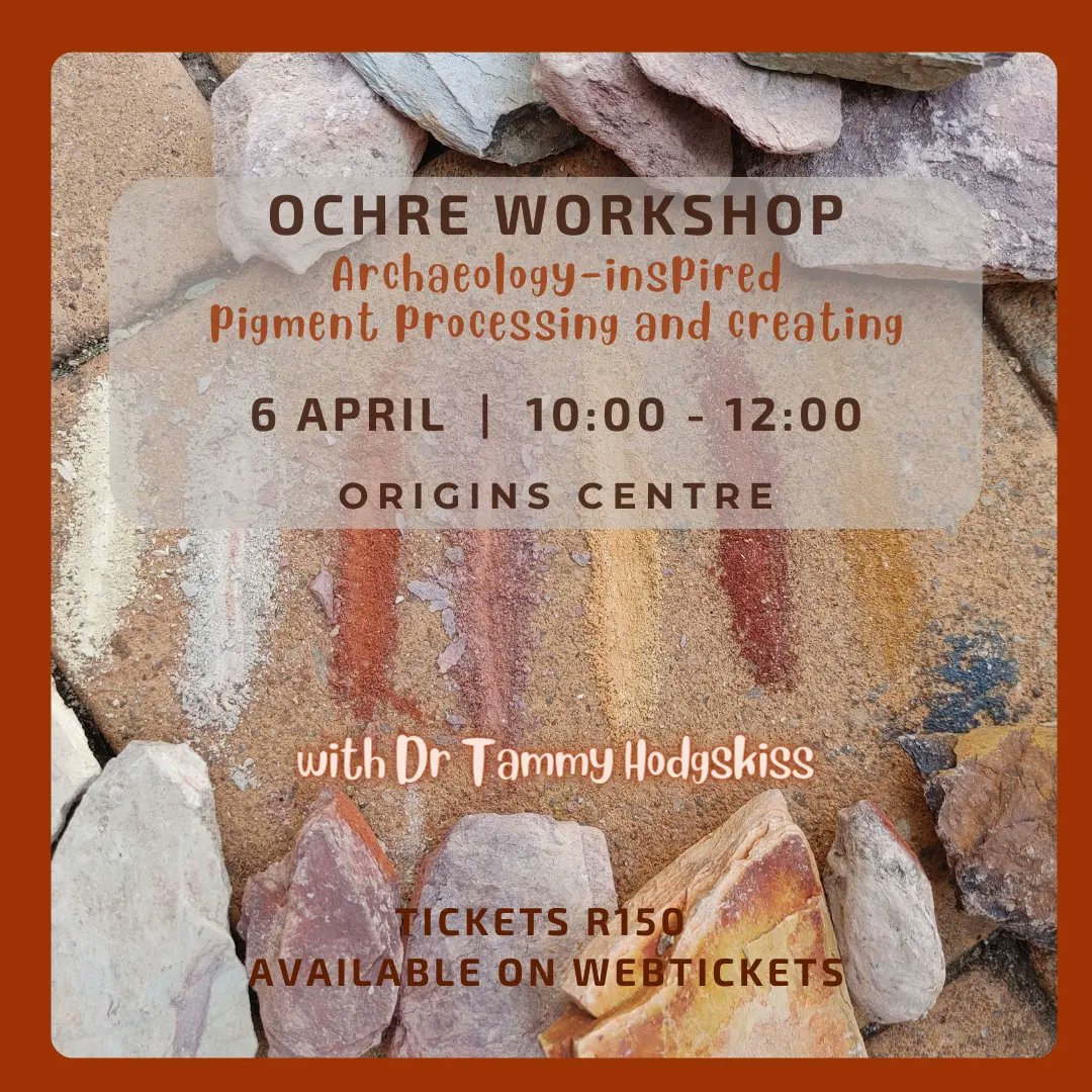 Join this fun interactive workshop led by archaeologist and Origins’ curator, Dr Tammy Hodgskiss. Learn about the uses of ochre and get your hands dirty while processing pigments, experimenting with paint mixtures and binders, and creating artworks. Tickets R150 on webtickets)l