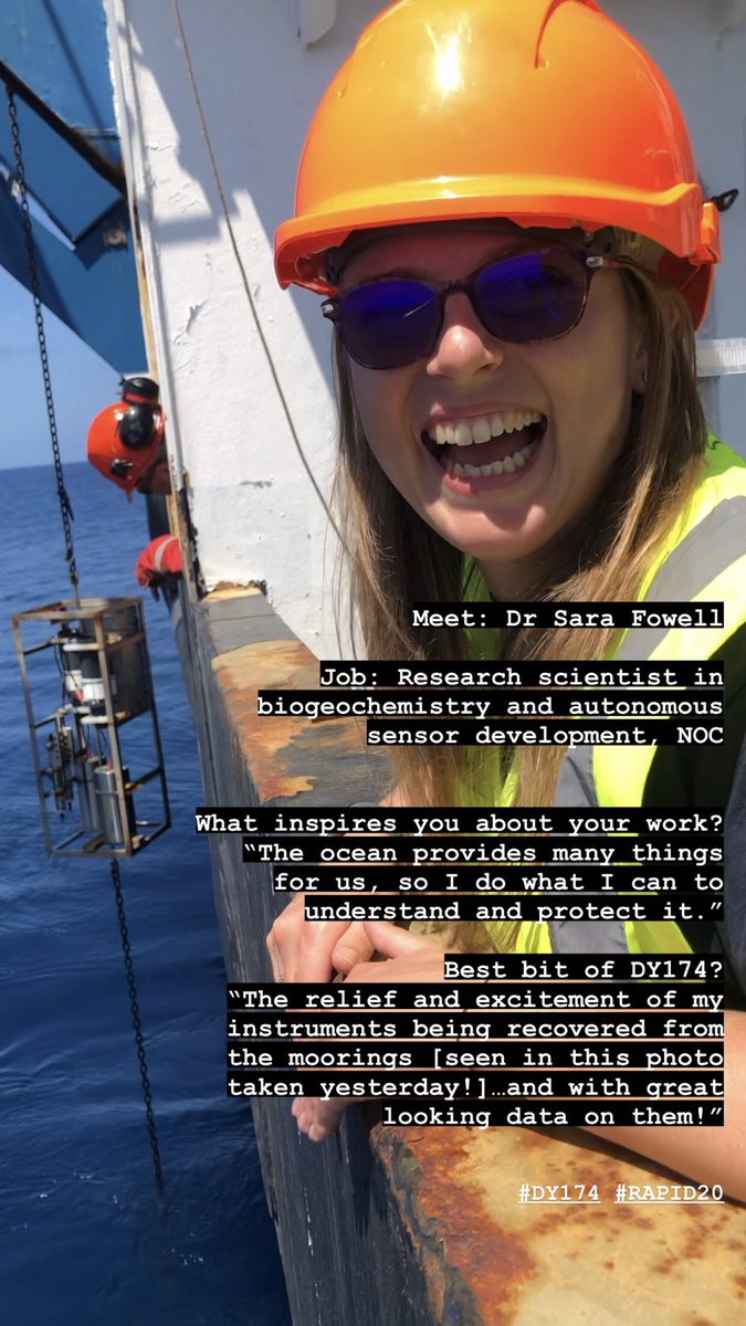 Meet Dr Sara Fowell, research scientist in biogeochemistry and expert sensor whisperer on #DY174 expedition. Part of Sara’s role is collecting sensors she deployed in 2022! #RAPID20 #rrsdiscovery