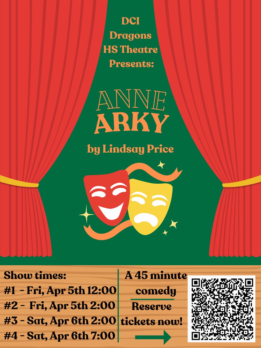 🎭 The DCI Dragons HS Theatre Club is thrilled to present their Spring one-act comedy, 'Anne-Arky' by Lindsay Price, this weekend! Performances: 4/5 and 4/6. Tickets are FREE for DCI students and staff. Suggestion $5 donation for adults. 🎟️ Tickets: ow.ly/InGa50R5N2n.