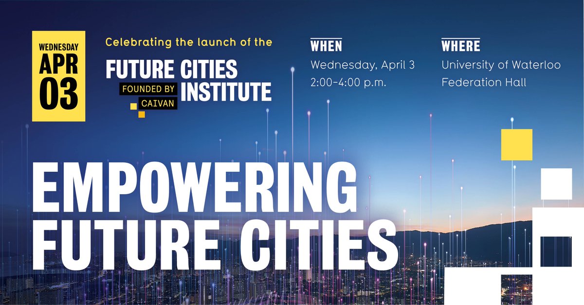 Tomorrow, we celebrate the launch of the Future Cities Institute founded by CAIVAN. You’re invited to join Frank Cairo, CEO of Caivan and @UWaterlooPres to discuss how the Institute will help create a more healthy and sustainable future for cities. 🔗 bit.ly/49Zldlq