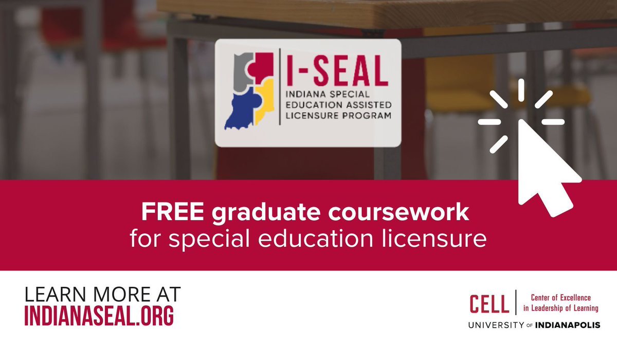 CELLuindy's tweet image. Our I-SEAL site has a new look! #IndianaSEAL allows teachers to take graduate coursework for #specialeducation licensure - at no cost to them or their school. Learn more at IndianaSEAL.org
#spedchat