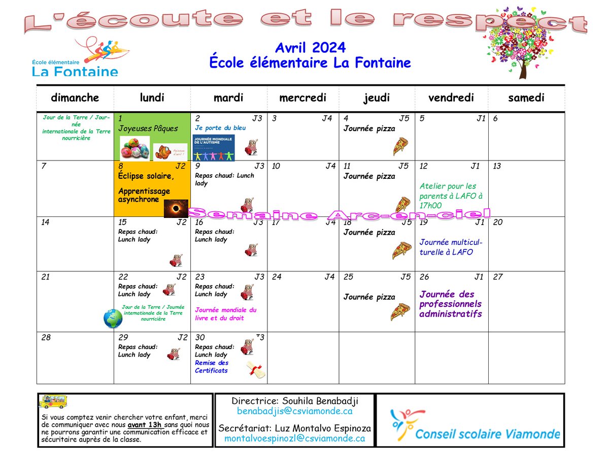 Le calendrier du mois d'avril
