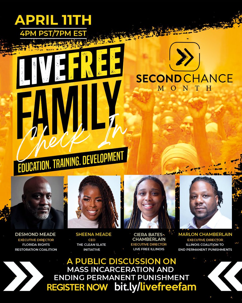 Join us for a special Family Checkin on April 11th (4 PM PST/7 PM EST) to discuss ending permanent punishment & Mass Incarceration! Featuring voices like Desmond Meade, Sheena Meade, Marlon Chamberlain, & Ciera Bates-Chamberlain. Register @ bit.ly/livefreefam. #2ndchance