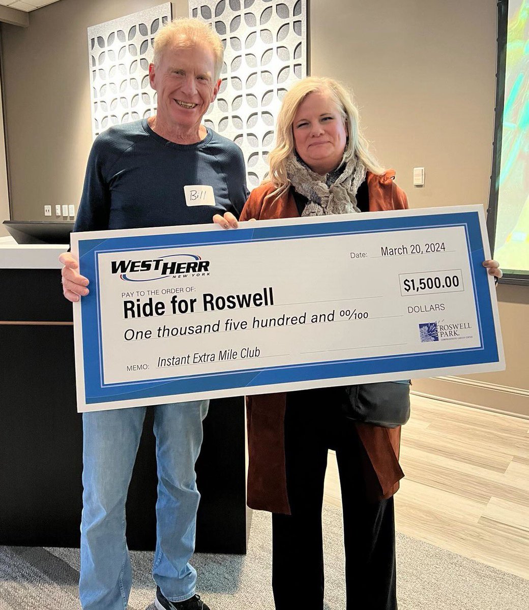 WestHerr's tweet photo. Congrats to Jennifer Snow, who is now a @RideForRoswell Instant Extra Mile Club Member! Our Vice President, Bill Loecher, helped deliver the surprise check at this year's kickoff event 👏❤🚴‍♀️ #RFR24 #TeamWestHerr https://t.co/nPJtgebPAX