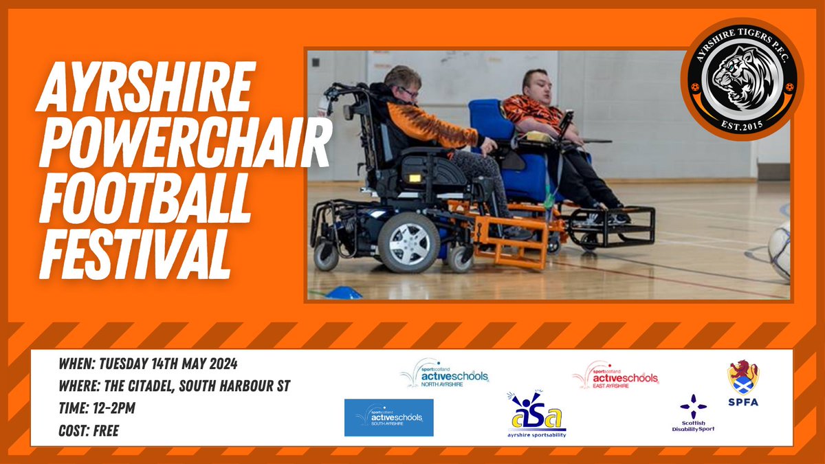 Do you have a physical disability & live in Ayrshire? Do you want to play football? Try out Powerchair Football! Suitable for all ages. Powerchairs & equipment available to use on the day. See graphic for info. To register, please email: Stuart Niven - info@ayrshiretigers.co.uk
