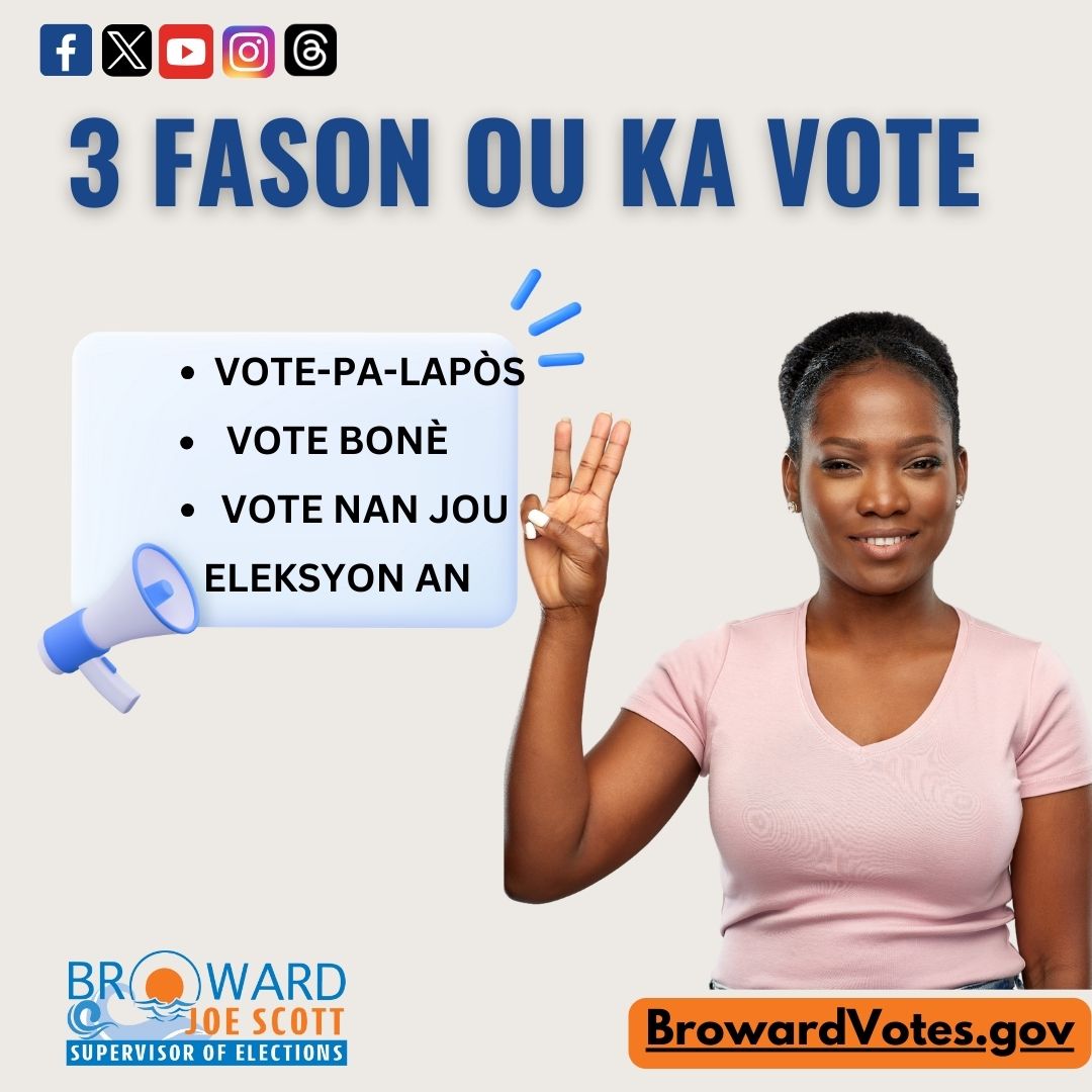 #BrowardVoters Did you know there are THREE ways to vote? Vote-By-Mail, Early Voting, and Election Day! Visit BrowardVotes.gov for more information.