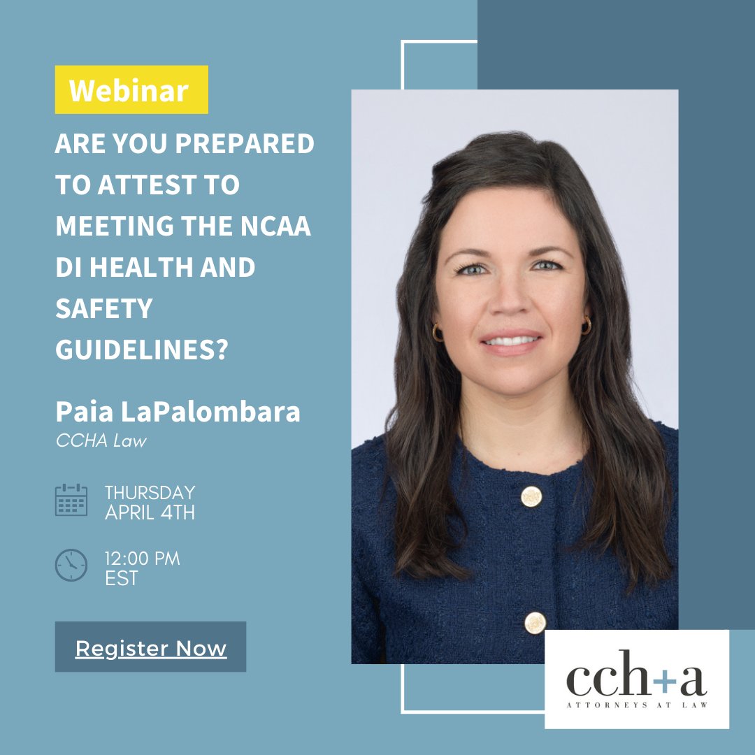 Don't miss #CCHALaw's Paia LaPalombara this Thursday for an insightful webinar with @4athleteshealth! 🌟 Excited to discuss healthcare for student-athletes, focusing on NCAA's Attestation. Register here: us02web.zoom.us/webinar/regist…. 🔗 #webinar #NCAA #USCAH #studentathletes