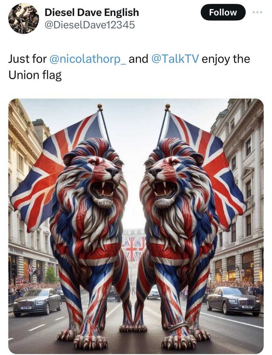 I hate to break it to you Mr Diesel Dave English, but that’s…not the Union flag. It’s an AI disaster.