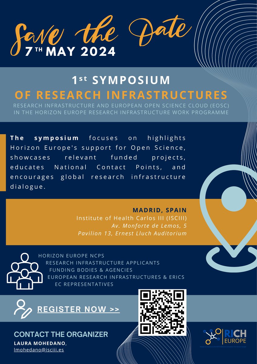 #Symposium | Research Infrastructure #RI and European Open Science Cloud #EOSC in the Horizon Europe Research Infrastructure Work Programme 📍 7 May, @SaludISCIII, Madrid 🔗 shorturl.at/dnyD2