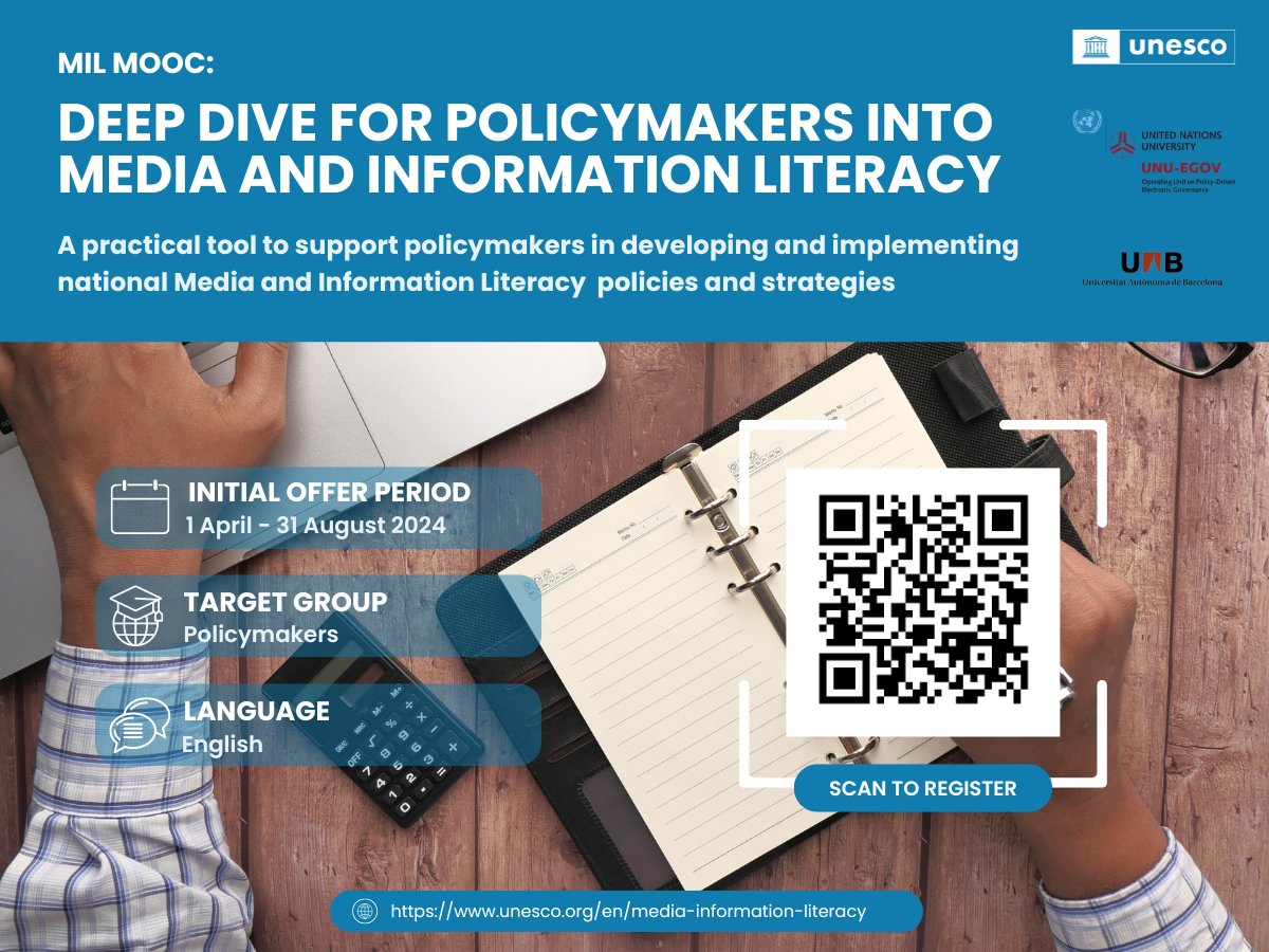 🚀 Calling all #policymakers! Equip yourself with Media and Information Literacy! 📚Join the 6-week self-paced course developed by @UNESCO, @UNUniversity, and @UABBarcelona to understand MIL's vital role in #SustainableDevelopment. 👉 Enroll here: tinyurl.com/455fu4t4