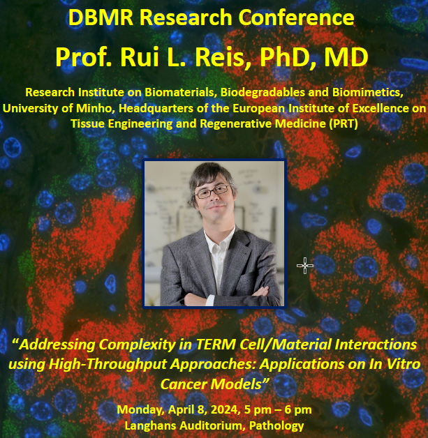 Join us on April 8 at 5pm for our DBMR Research Conference. Prof. Rui L. Reis will speak about 'Addressing Complexity in TERM Cell/Material Interactions using High-Throughput Approaches: Applications on In Vitro Cancer Models'. tinyurl.com/ydx94zct @unibern @inselgruppe