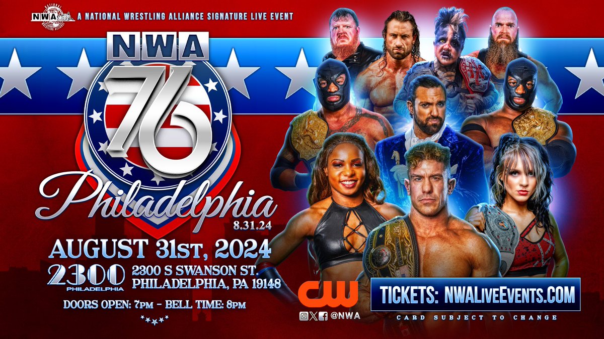 The rumors are true! August 31st after nearly 30 years the @NWA RETURNS to Philadelphia, PA for NWA 76, to the very place the NWA was used to start a revolution: the 2300 Arena, better known as the E-C-W arena. 😱 🎟️ NWALiveEvents.com