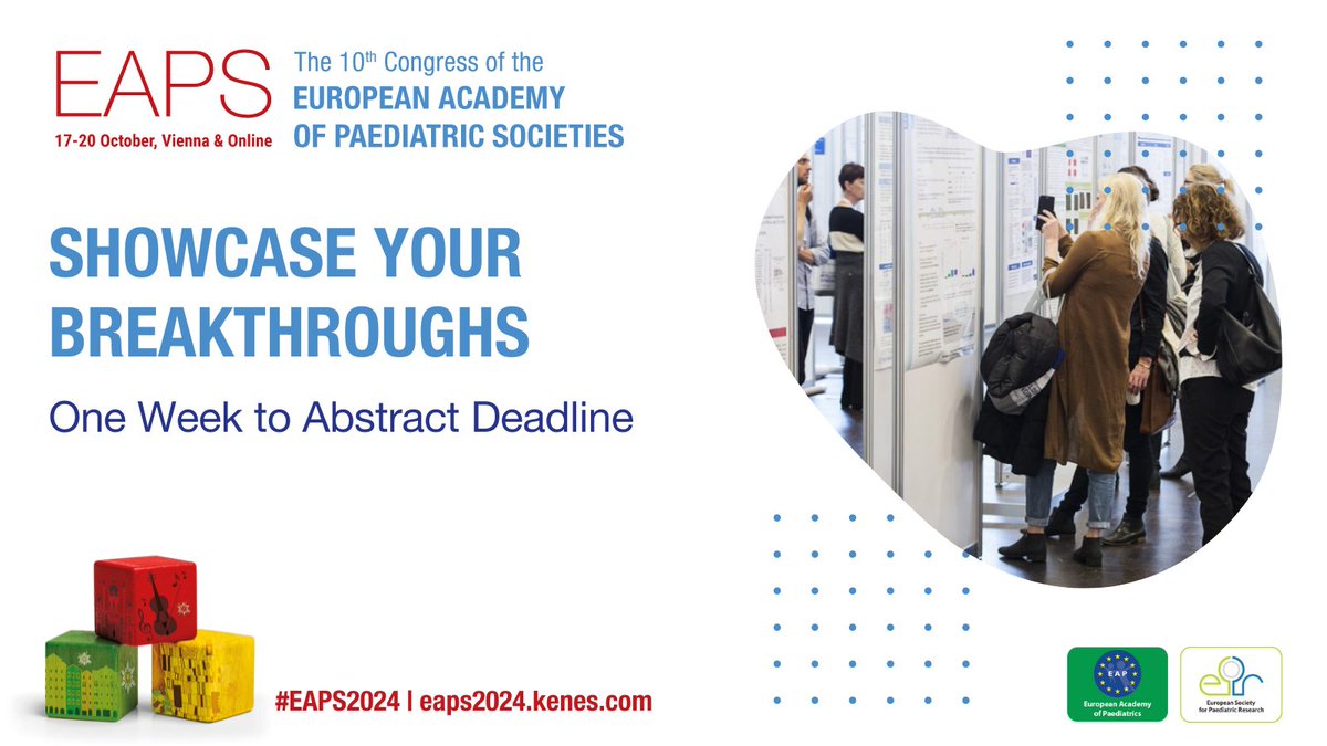 ⏳ Final week for #EAPS2024 abstracts! Showcase your research in Vienna or online at the 10th European Academy of Paediatric Societies Congress. Contribute to a decade of breakthroughs. 📆 Submit by 8 April: bit.ly/3F4MRQ6 @espr_esn @EAPaediatrics #paediatrics #PedsICU