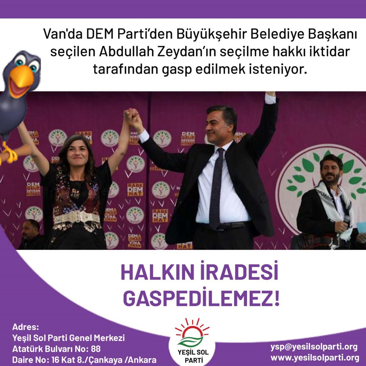 📍Bugün Van halkının iradesi korunmazsa yarın başka bir kentin iradesi hiçe sayılacaktır. Demokrasi, hukuk ve adalet için herkes Van halkının iradesini savunmalı, bu siyasi kumpas ve pusuya karşı halk iradesinin yanında olmalıdır. #VandaDarbeVar #DEM