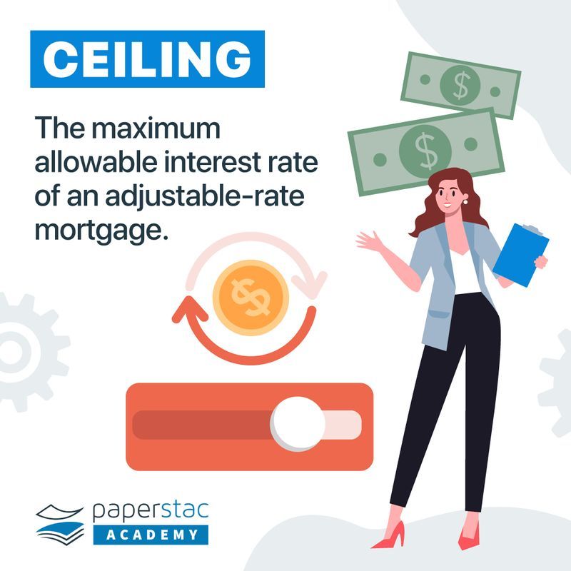 paper_stac's tweet image. The ceiling refers to the highest interest rate that can be charged on an adjustable-rate mortgage. This threshold protects borrowers from paying excessive interest rates in the event that market conditions change unpredictably. 

#PaperstacAcademy #FinancialLiteracy