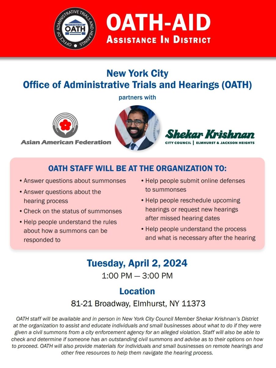 Join us TODAY at 1pm at Boba Fries for a special event hosted in collaboration with @Oathnyc and @aafederation! We're offering assistance to individuals and small business owners on how to respond to summons from NYC agencies and providing valuable resources. Don't miss out!