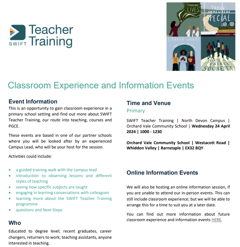 Want to find out more about SWIFT Teacher Training?  Join us on our classroom experience and information event 24 April in North Devon 📚🏫

To book ⬇️
tinyurl.com/48sfac64
