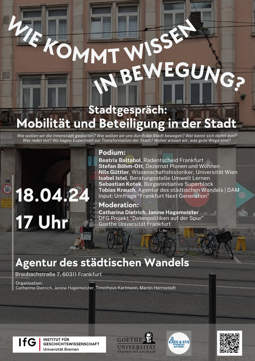 KAEE_GoetheUni's tweet photo. Wie kommt Wissen in Bewegung?

Stadtgespräch zu Mobilität und Beteiligung in der Stadt

18.04.2024 | 17 Uhr | Braubachstraße 7 (Agentur des städtischen Wandels) https://t.co/NH0YnoJPz0