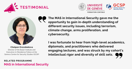 Are you looking to advance your career in international security and sharpen your thinking on critical issues, such as #terrorism, #cybersecurity, and #climatechange? Read Dr CholponOrozobekova, Director of the @bulaninstitute, full testimonial 👉 ow.ly/vEER50QBHca.