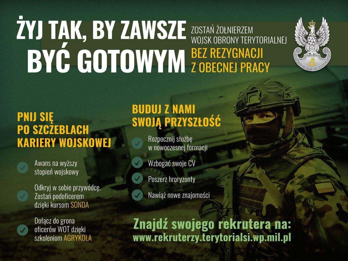 🧐  CZY WARTO ZOSTAĆ TERYTORIALSEM? 

#WojskaObronyTerytorialnej #WOT #Terytorials #ŻołnierzWOT #WojskoPolskie
#DołączDoNas #NaszMundur #TwojaOdwaga #TwojeKompetencje #TwójCharakter #ZostańTerytorialsem #ZostańŻołnierzem #RekruterWOT #Rekruterzy #WCRSandomierz