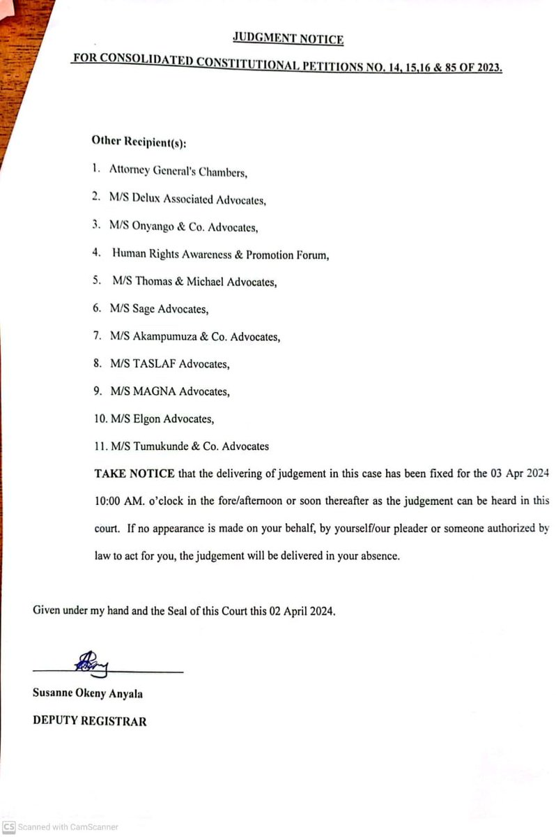 Judgment in the #Uganda Anti-homosexuality Act (AHA) case/petition is scheduled for tomorrow, April 3, 2024, at 10.00 am. at the Constitutional Court in Kampala. @nickopiyo @hrapf_uganda Judgment notice has been delivered to the lawyers here below.