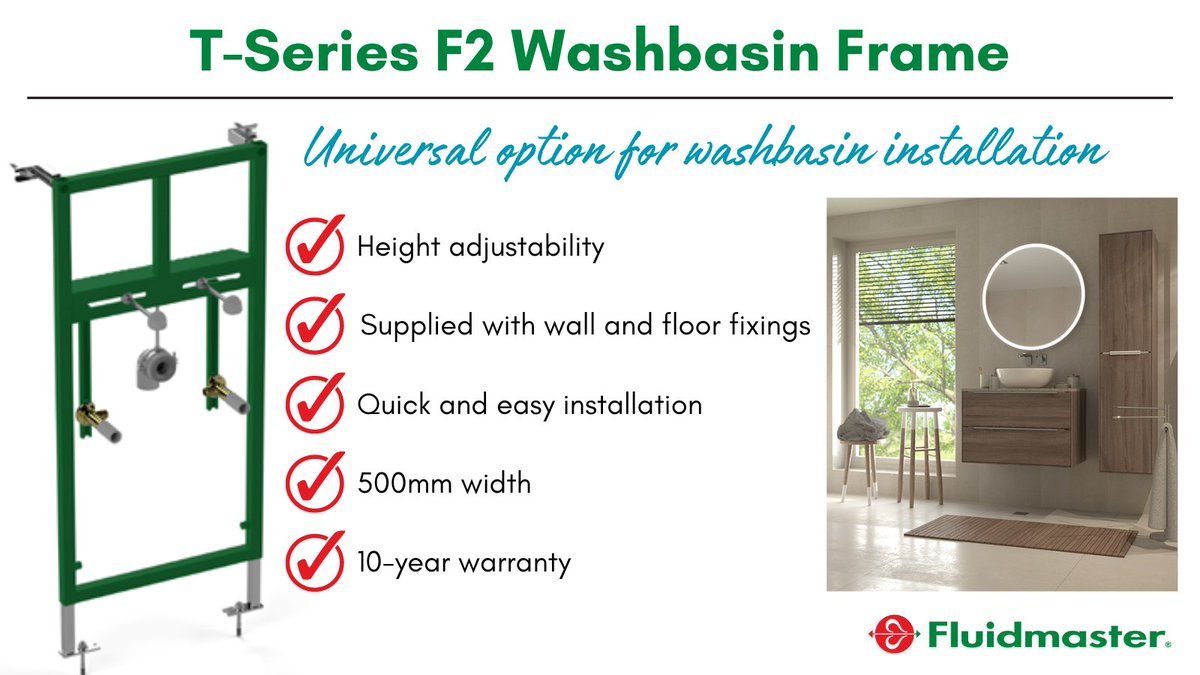 Our F2 washbasin frame boasts height adjustability, making it a compatible option for many installation types. It also comes complete with wall and floor fixings and is quick and simple to install. fluidmasteruk.com/products/t-ser… #plumbing #bathroom #fluidmaster