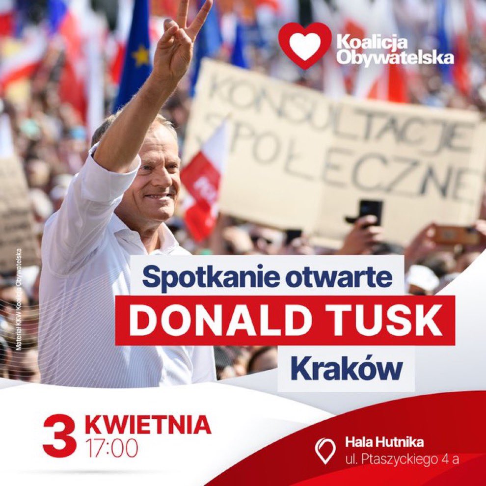 Serdecznie zapraszamy na spotkanie otwarte z @donaldtusk w Krakowie❗Do zobaczenia w Hali Widowiskowo-Sportowej KS Hutnik #PolskawNaszychSercach🤍❤️