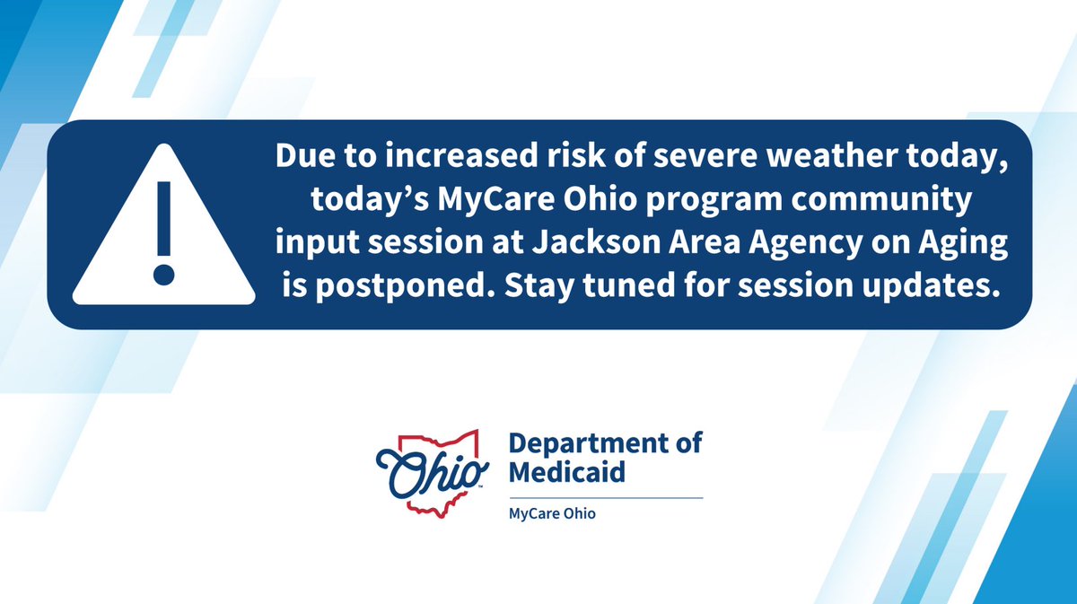 Due to increased risk of severe weather, today’s MyCare Ohio program community input session at Jackson Area Agency on Aging is postponed. Stay tuned for session updates.medicaid.ohio.gov/families-and-i…