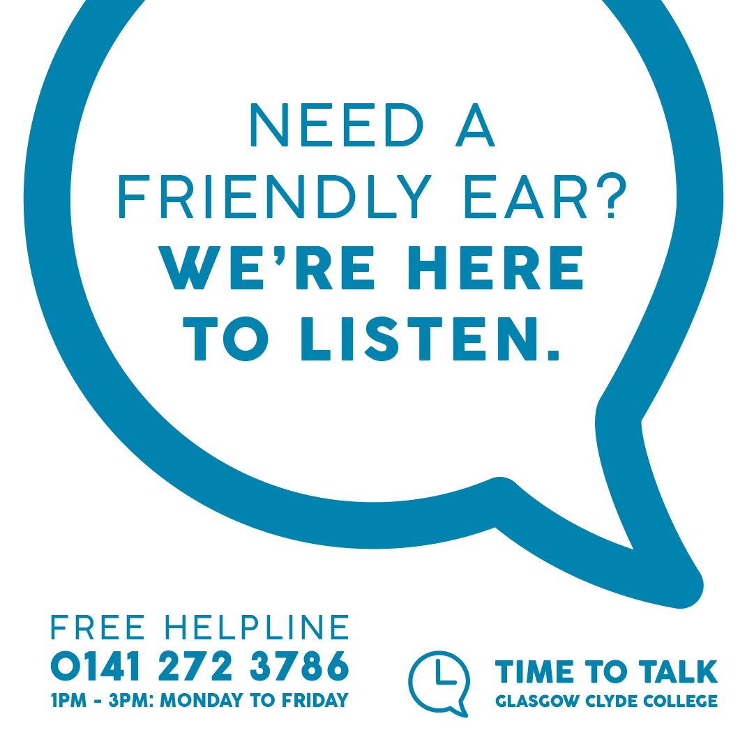 Did you know that April is Stress Awareness Month 2024? If you feel like you could do with a friendly ear, our Time to Talk helpline will be providing support from 1-3pm. Our trained counsellors are ready to listen, just call 0141 272 3786. #YouCan #GlasgowClydeCollege