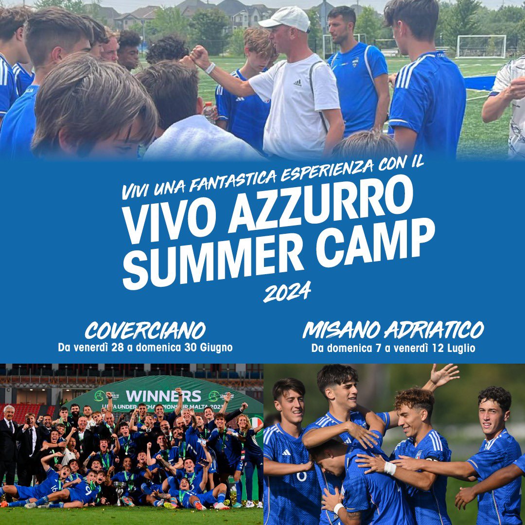 Nasce il 𝙑𝙄𝙑𝙊 𝘼𝙕𝙕𝙐𝙍𝙍𝙊 𝙎𝙐𝙈𝙈𝙀𝙍 𝘾𝘼𝙈𝙋 🇮🇹⚽️💙 🆕 Primo centro estivo patrocinato dalla #FIGC 📌 Rivolto a ragazzi e ragazze dai 7 ai 16 anni 🏆 Direttore tecnico del progetto sarà l’allenatore campione d’Europa U19 #Bollini Iscrizioni: tinyurl.com/y4nzxjwx