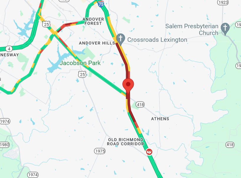 TRAFFIC ALERT FOR I-75 IN FAYETTE CO: THE ROADWAY IS SHUT DOWN IN BOTH DIRECTIONS JUST NORTH OF EXIT 104 (ATHENS BOONESBORO) DUE TO DOWNED WIRES AND OTHER DEBRIS. POLICE ARE PLANNING ON DIVERTING SOUTHBOUND TRAFFIC TO MAN O WAR BLVD AND NORTHBOUND TRAFFIC TO EXIT 99.