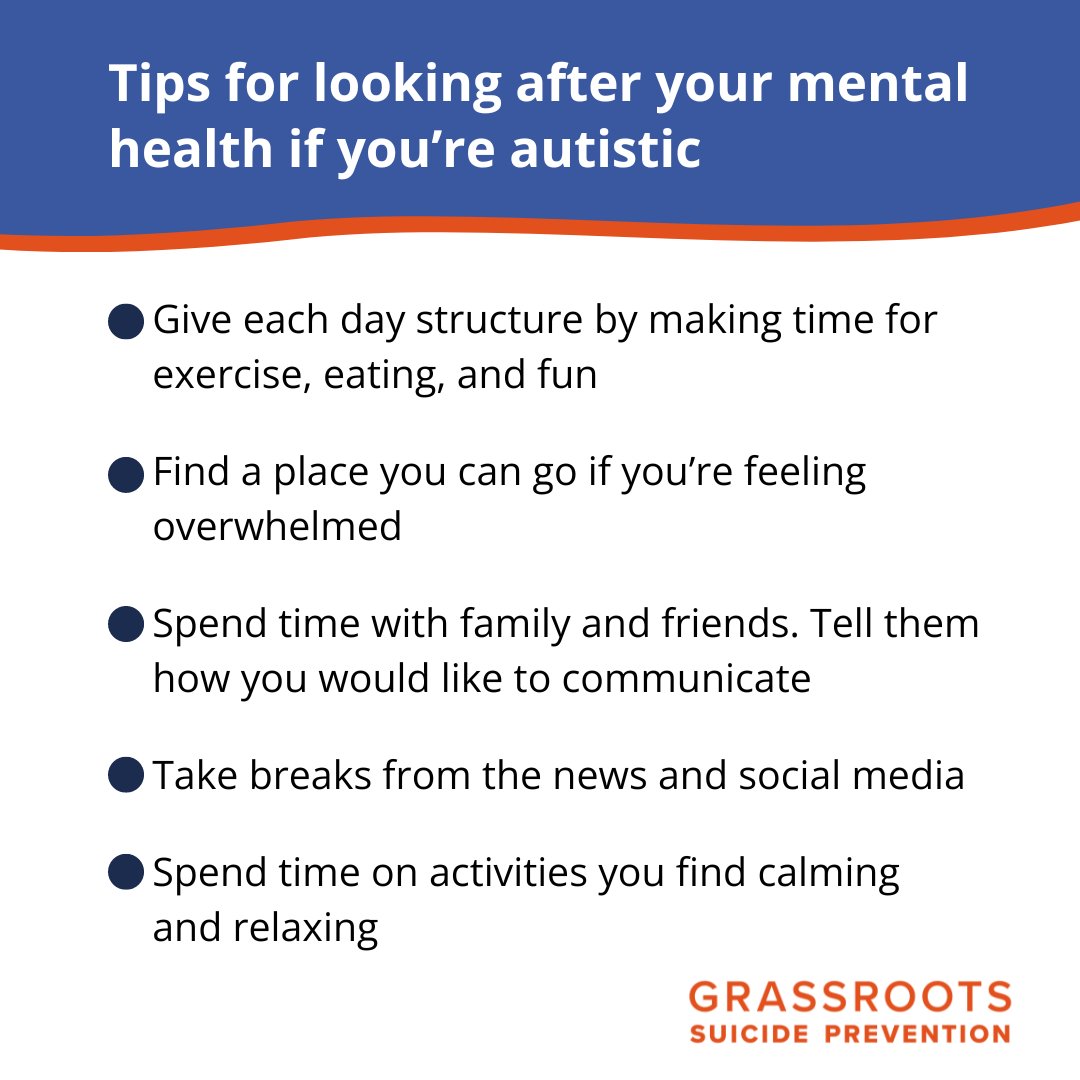 Research suggests autistic people may be more likely to experience mental health conditions like depression than non-autistic people. This #WorldAutismAwarenessDay, we're sharing some self-care tips from autistic people, courtesy of @Autism and @GiveUsAShout.❤️