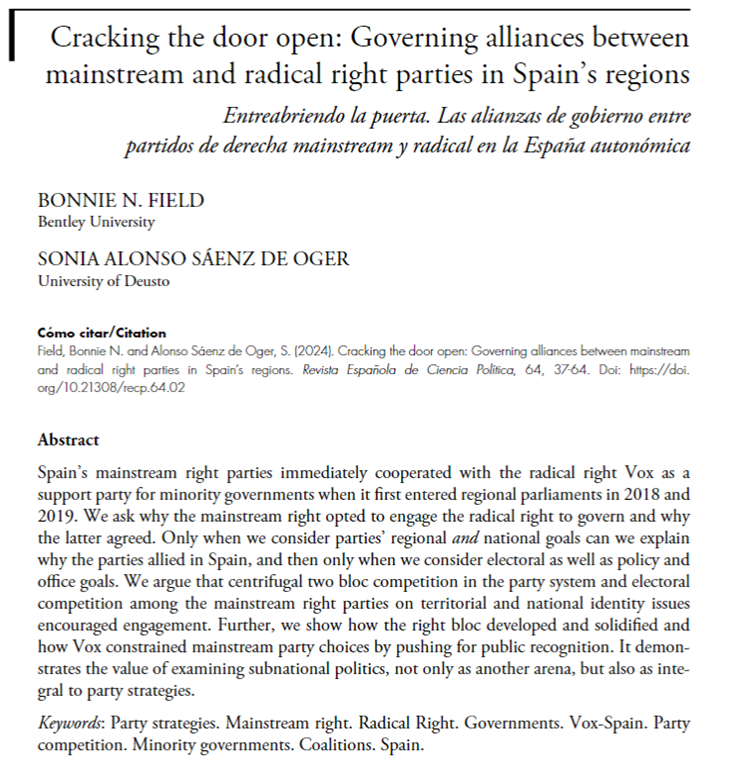 Thrilled our article (w/Sonia Alonso) is published in @RevistaCCPPes. *Open* 🔓access, in English. **Cracking the door open: Governing alliances between mainstream and radical right parties in Spain’s regions** 👉 👉recyt.fecyt.es/index.php/recp…