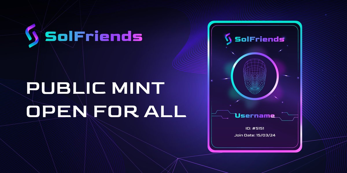 🚀 Big #SolFriends Update! 🚀 We're proud to announce that the #SOLiD #NFT minting process is now open to everyone! 🌟 💎That's right – whether you were part of the initial whitelist or not, you can now mint your very own #Solana Social ID and join the community on the Solana